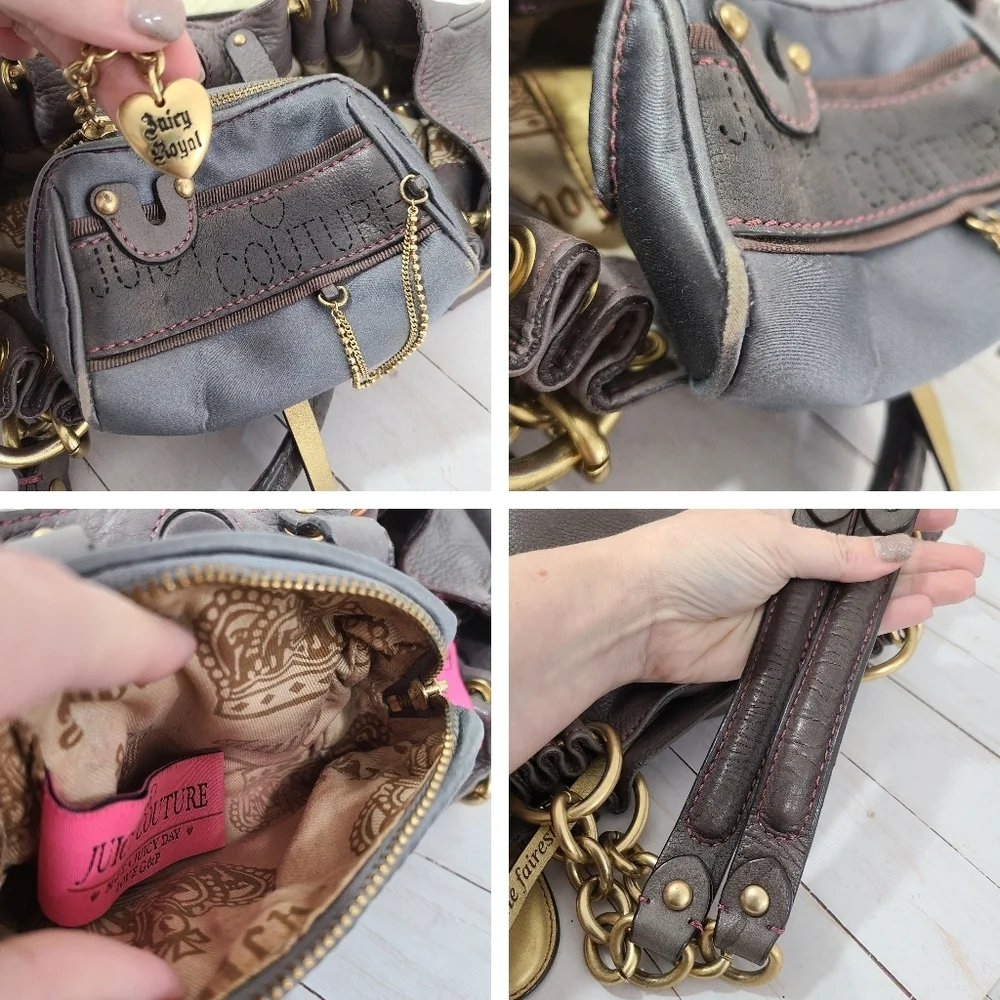 Vintage Y2K Juicy Couture slouchy leather hobo bag gray taupe pink gold